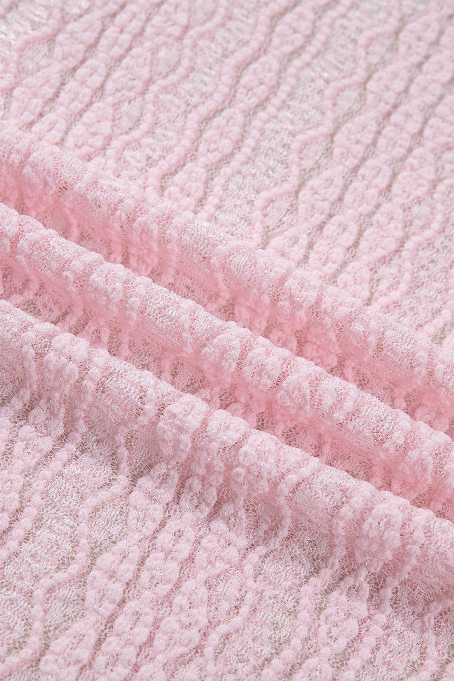 Light Pink Flounced Long Sleeve Mock Neck Sheer Lace Top