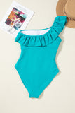 Solid Color Ruffle Trim One-Shoulder One-Piece Swimsuit- 3 Colors