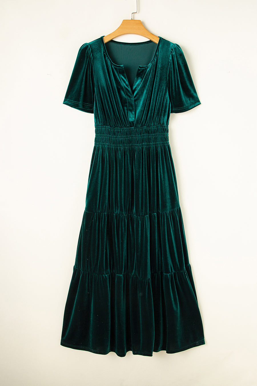 Velvet Puff Short Sleeve Smocked Waist Tiered Maxi Dress with Pockets- 3 Colors