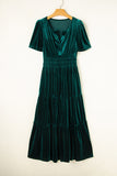 Velvet Puff Short Sleeve Smocked Waist Tiered Maxi Dress with Pockets- 3 Colors