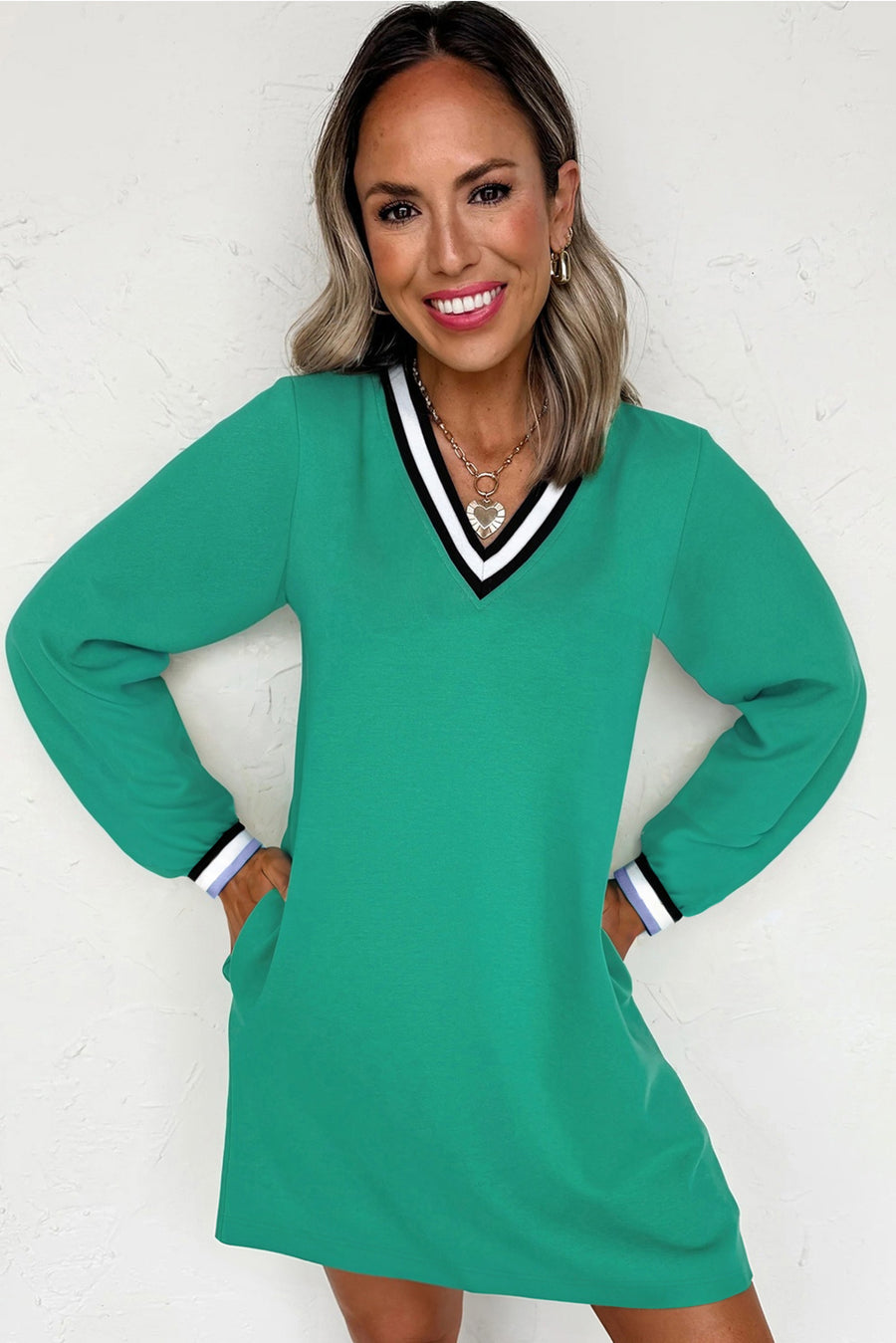 Green Contrast Striped V-Neck Long Sleeve T-Shirt Dress with Pockets