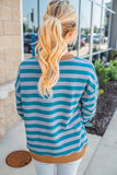 Teal Striped Contrast Color Ribbed Trim Crew Neck Drop Shoulder Sweatshirt