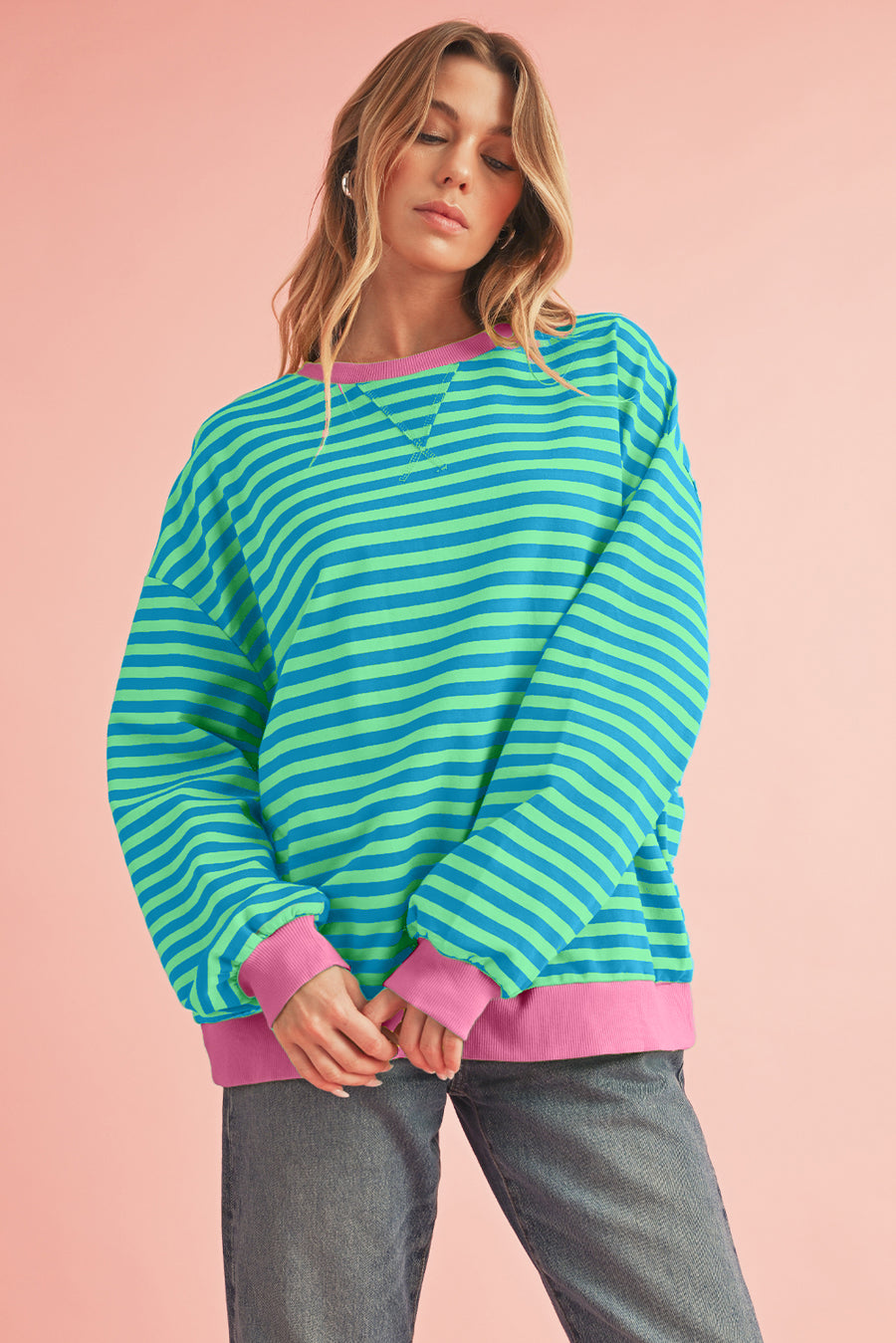 Striped Contrast Trim Oversized Sweatshirt- 4 Colors