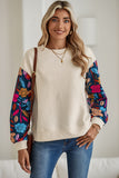 Floral Patchwork Sleeve Textured Sweatshirt