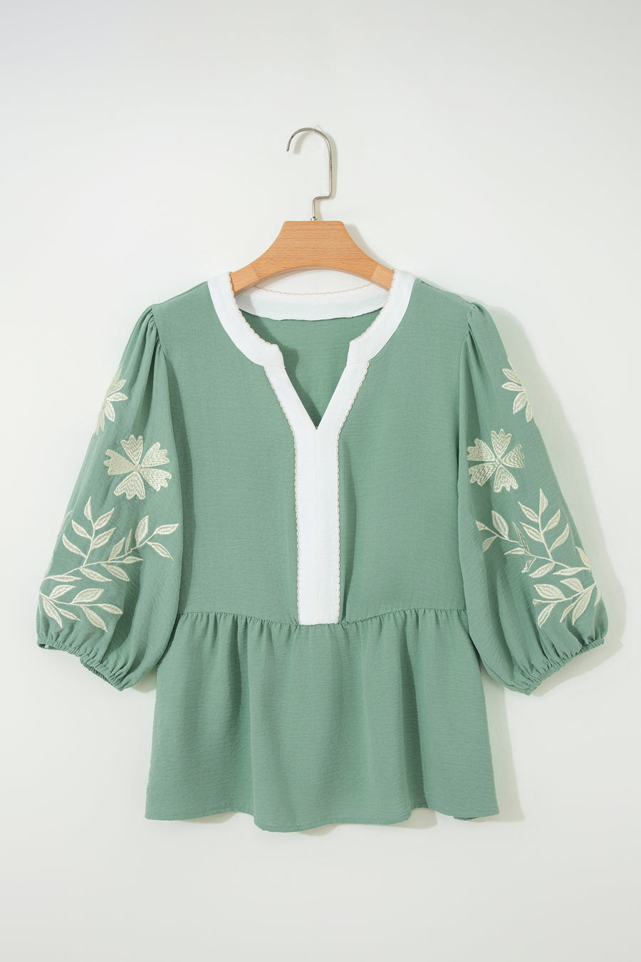 Myosotis Color Block Patchwork V Neck Embroidered Puff Sleeve Babydoll Blouse