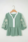 Myosotis Color Block Patchwork V Neck Embroidered Puff Sleeve Babydoll Blouse