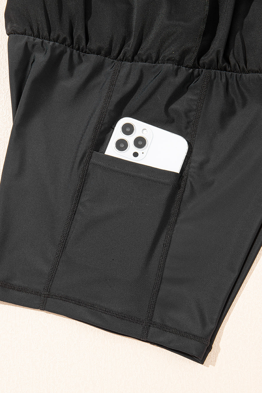 Black High-Waist Drawstring Hidden Pocket Swim Shorts