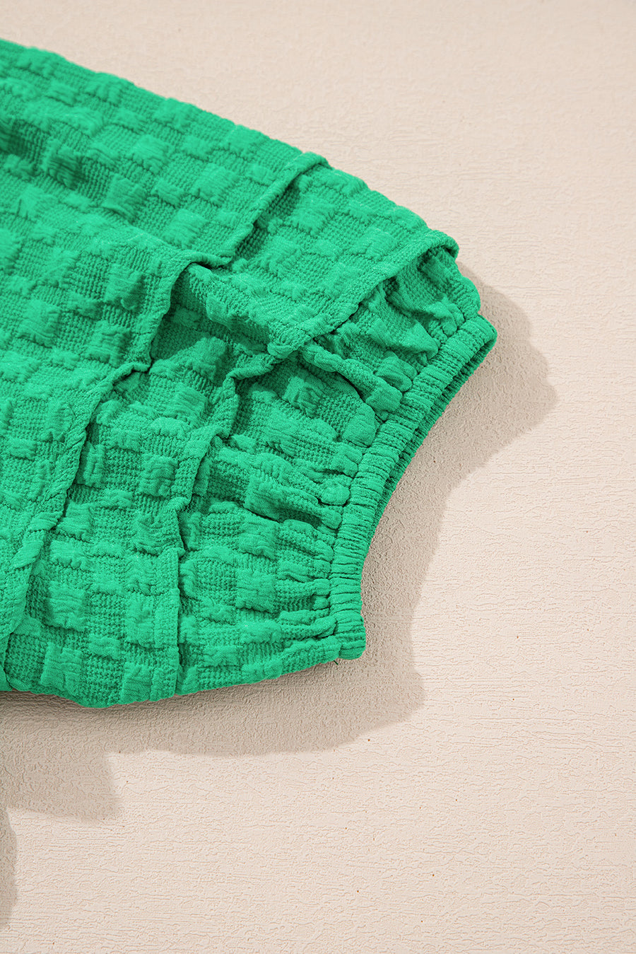 Bright Green Textured Puff Sleeve Frilled & Notched V-Neck Blouse