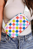 White & Multicolored Checker Print Crossbody Bag
