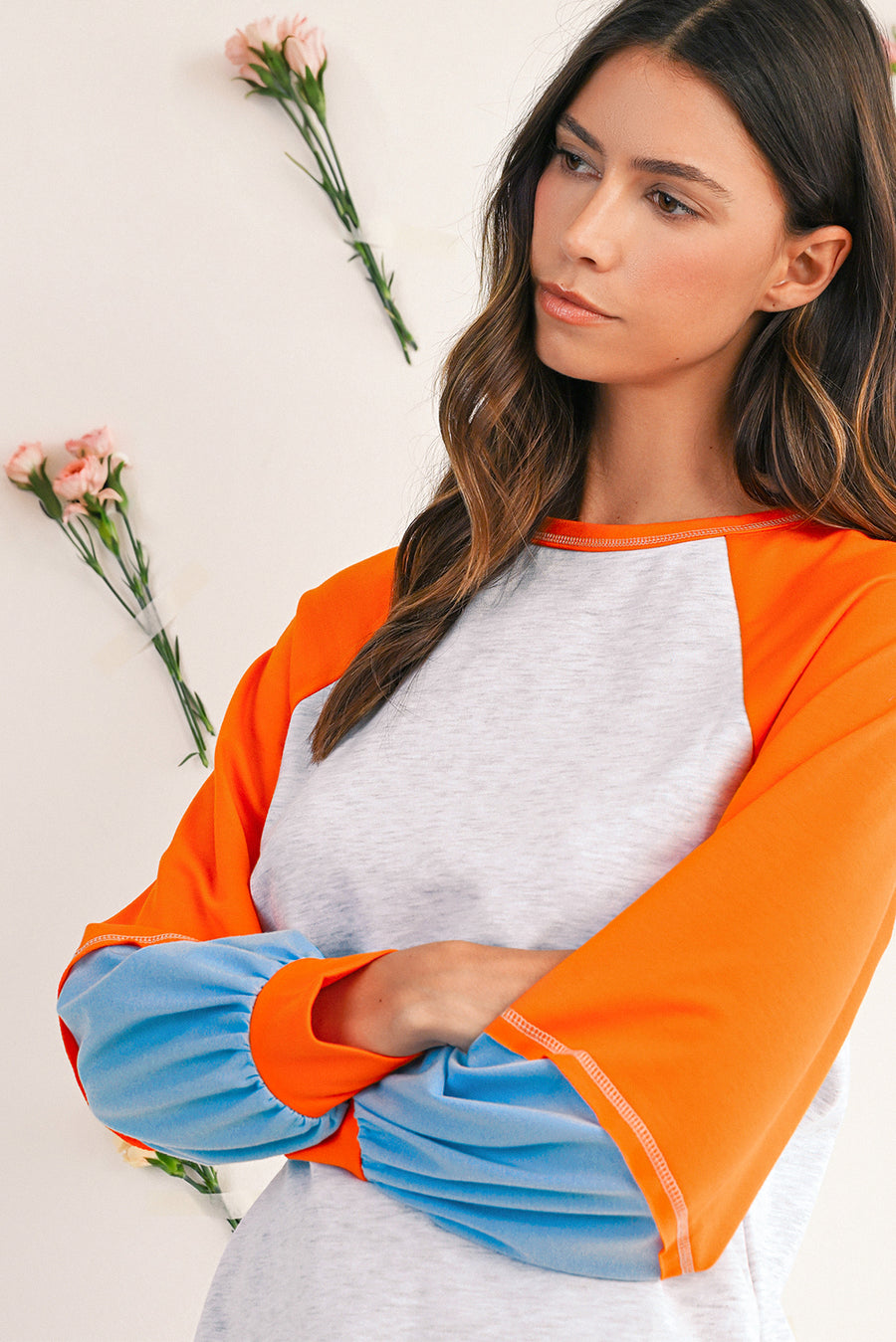 Light Grey Colorblock Raglan Sleeve Loose Fit Top