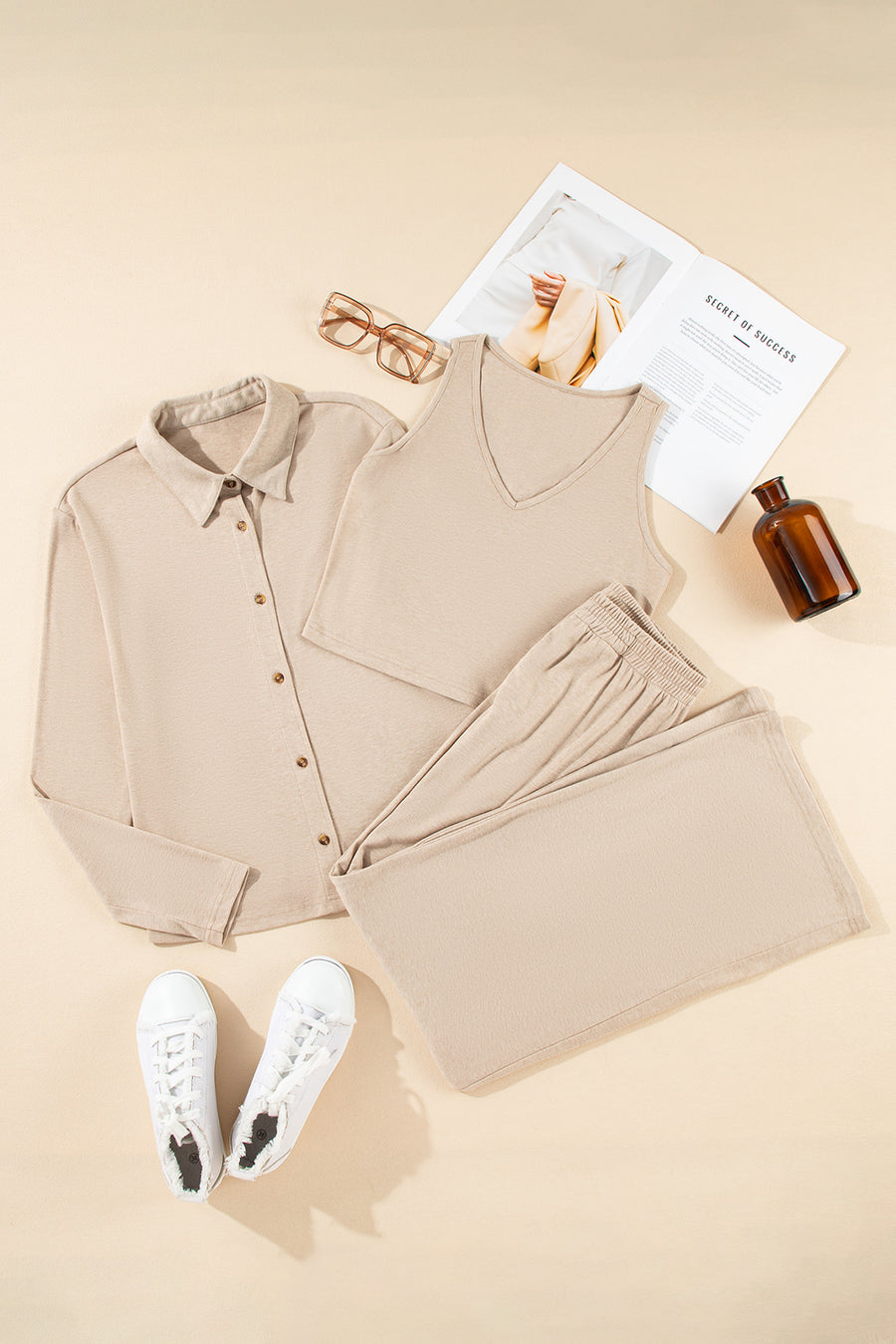 Oatmeal V-Neck Vest, Button-Up Cardigan, and Pants Pajama Set