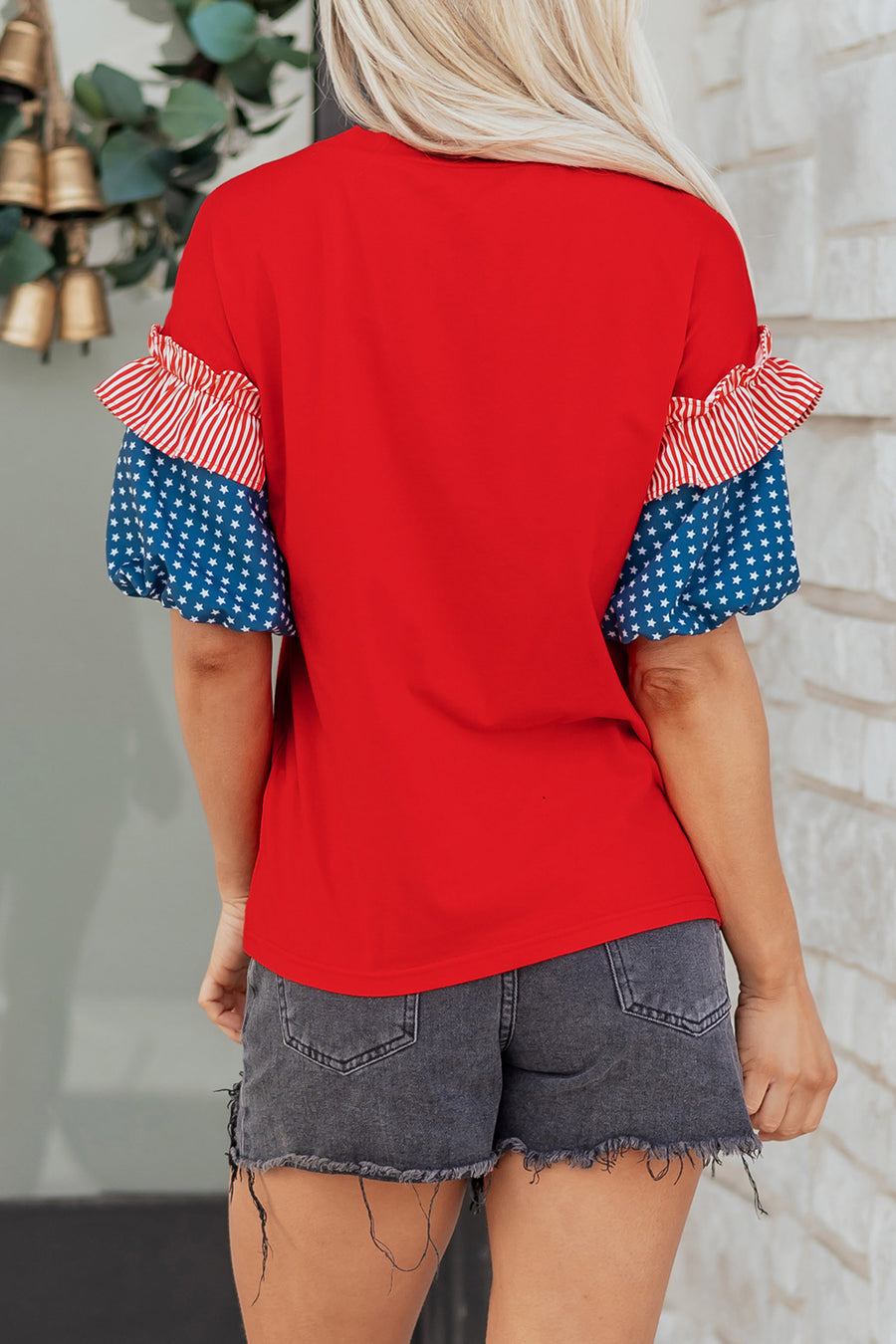 Red American Sequin Bow Contrast Puff Sleeve Blouse