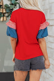 Red American Sequin Bow Contrast Puff Sleeve Blouse