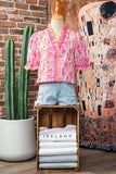 Pink Poppy Floral Striped Color Block Trim V-Neck Ruffled Short Sleeve Blouse