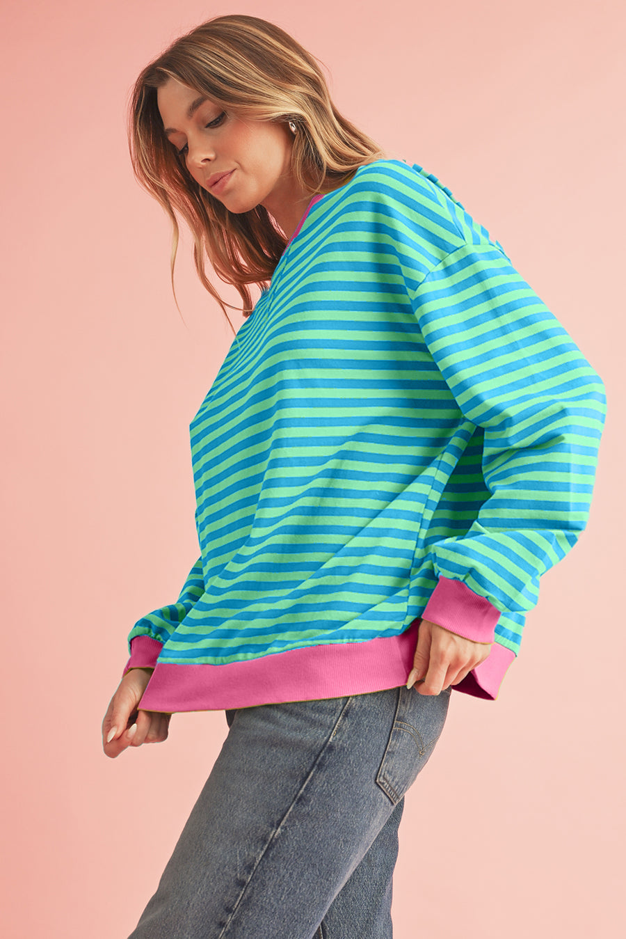 Striped Contrast Trim Oversized Sweatshirt- 4 Colors