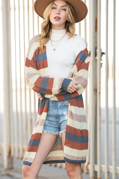 Dark Blue Color Block Striped Cut Out Knit Cardigan