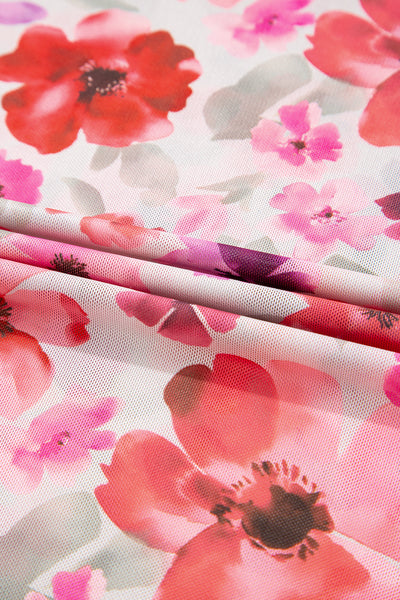 Red Floral Print Long Sleeve Slim Fit Mesh Top