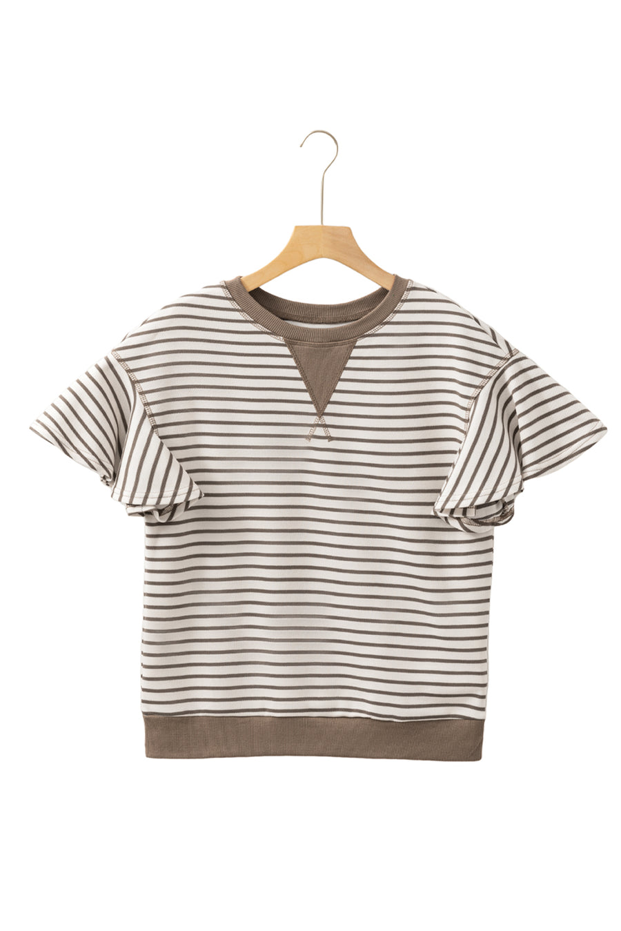 Striped Ruffle Sleeve Crew Neck T-Shirt- 3 Colors