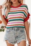 Red Multi Striped Diamond Pattern Short Sleeve Knit Sweater