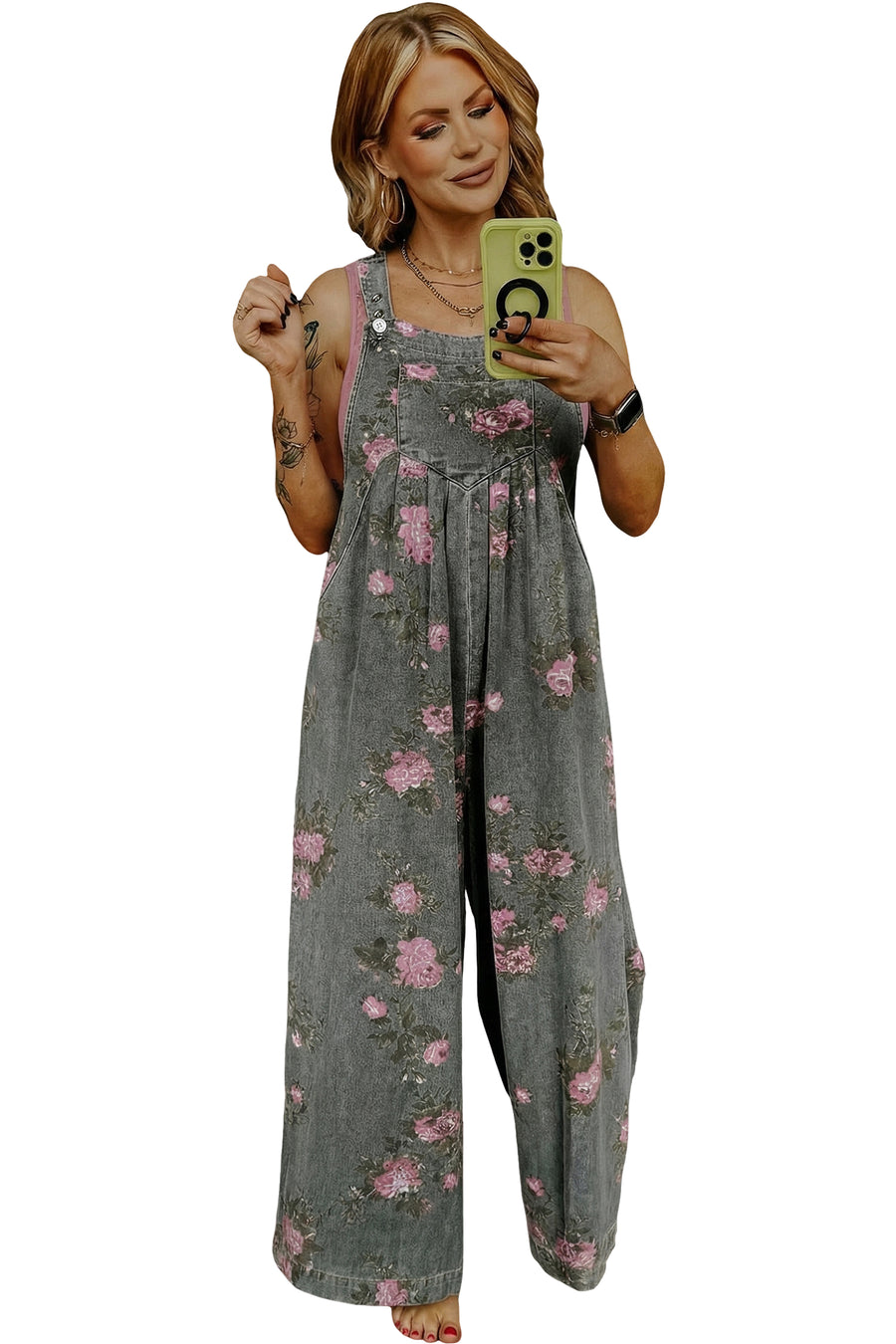 Floral Print Pleated High-Waist Wide Leg Denim Overalls- 3 Colors