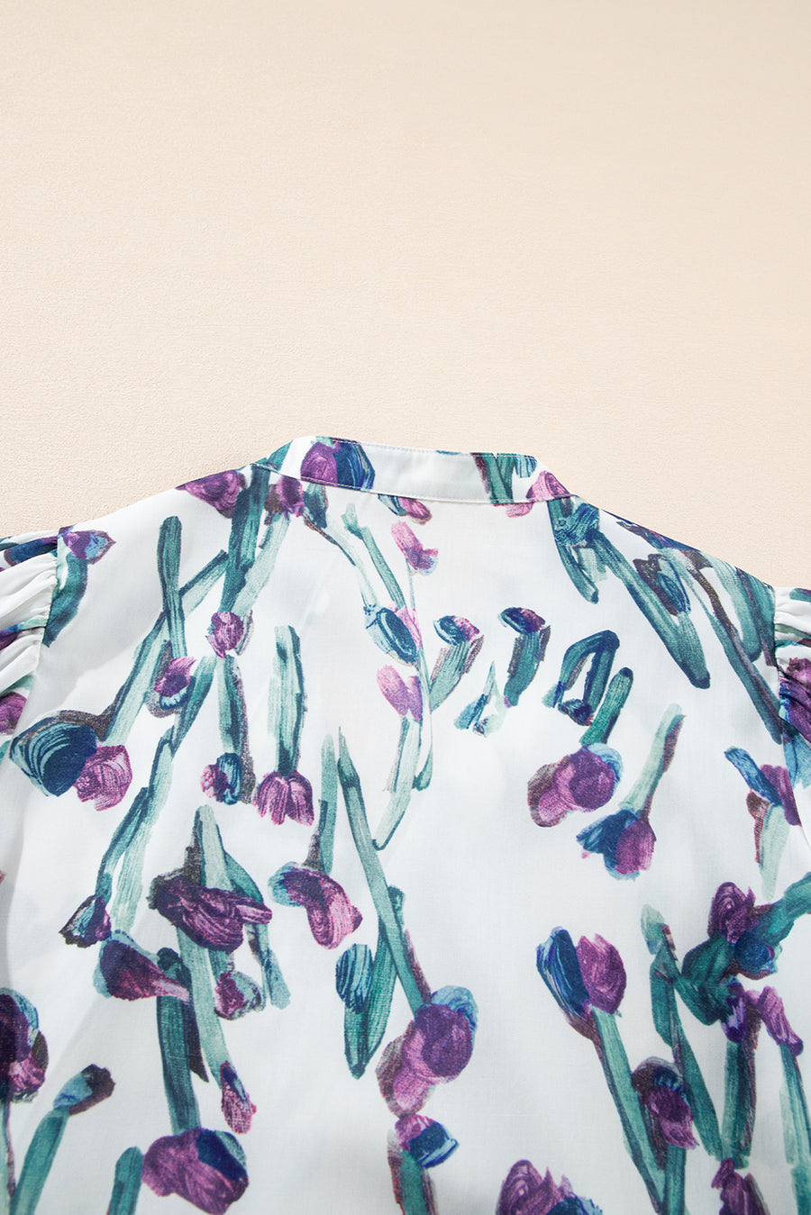 Purple Floral Ricrac Trim Short Puff Sleeve Peplum Blouse