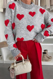 Striped Heart Pattern Drop Shoulder Mock Neck Knit Sweater- 2 Colors