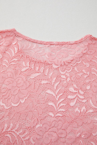 Pink Floral Lace Sheer Long Sleeve Blouse