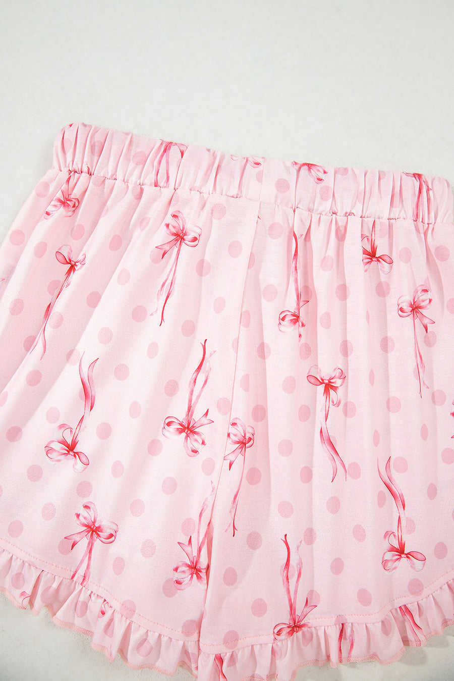 Bow Print Button-Up V-Neck Short Sleeve Top and Ruffle Hem Shorts Pajama Set- 2 Styles