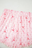 Bow Print Button-Up V-Neck Short Sleeve Top and Ruffle Hem Shorts Pajama Set- 2 Styles