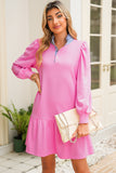 Striped Collar Long Sleeve Ruffle Hem Dress- 2 Colors