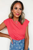Striped Ribbed Cap Sleeve Crew Neck T-Shirt- 2 Colors
