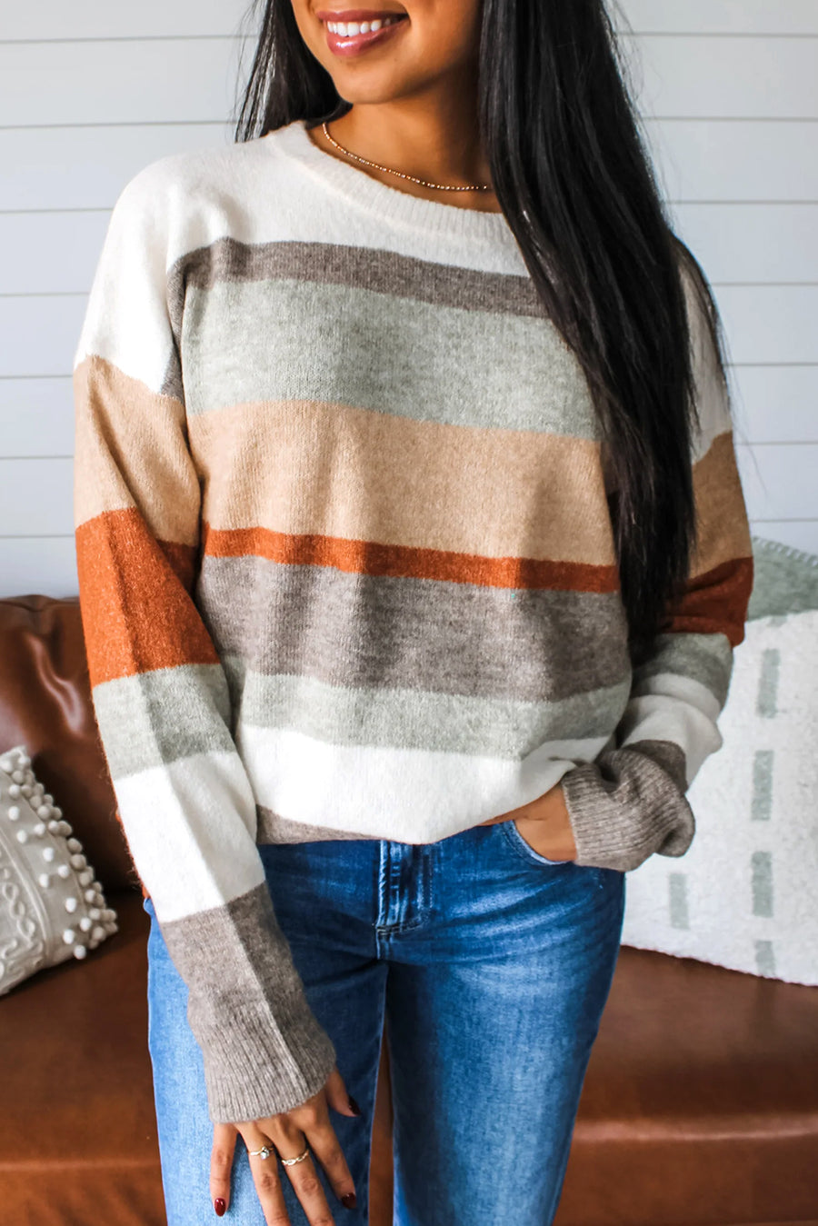 White Color Block Striped Crew Neck Drop Sleeve Sweater