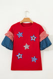 Red American Sequin Star Patches Contrast Puff Sleeve Top
