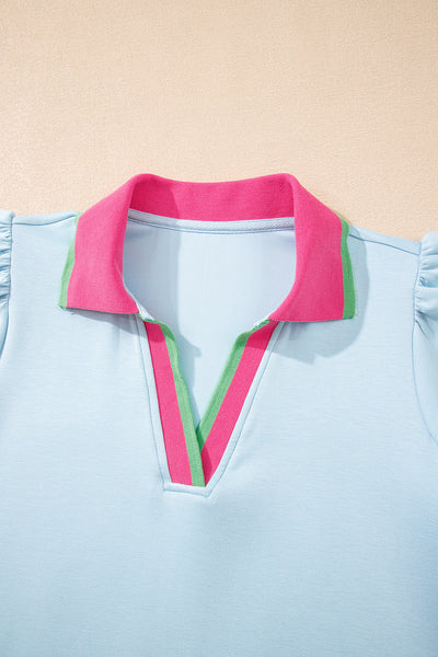 Beau Blue Pop of Color Collared V Neck Ruffle Sleeve Blouse