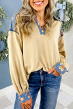 Apricot Floral Patchwork Detail Collar V Neck Long Sleeve Top