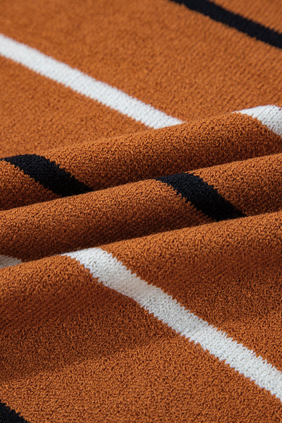 Brown Striped Ribbed Edge Drop Shoulder Sweater