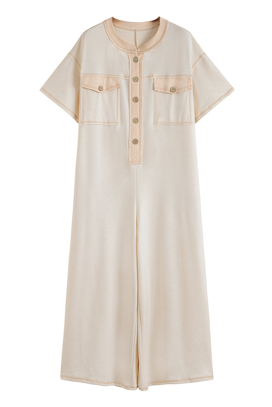 Button-Up Patchwork Pocket Short Sleeve Jumpsuit
