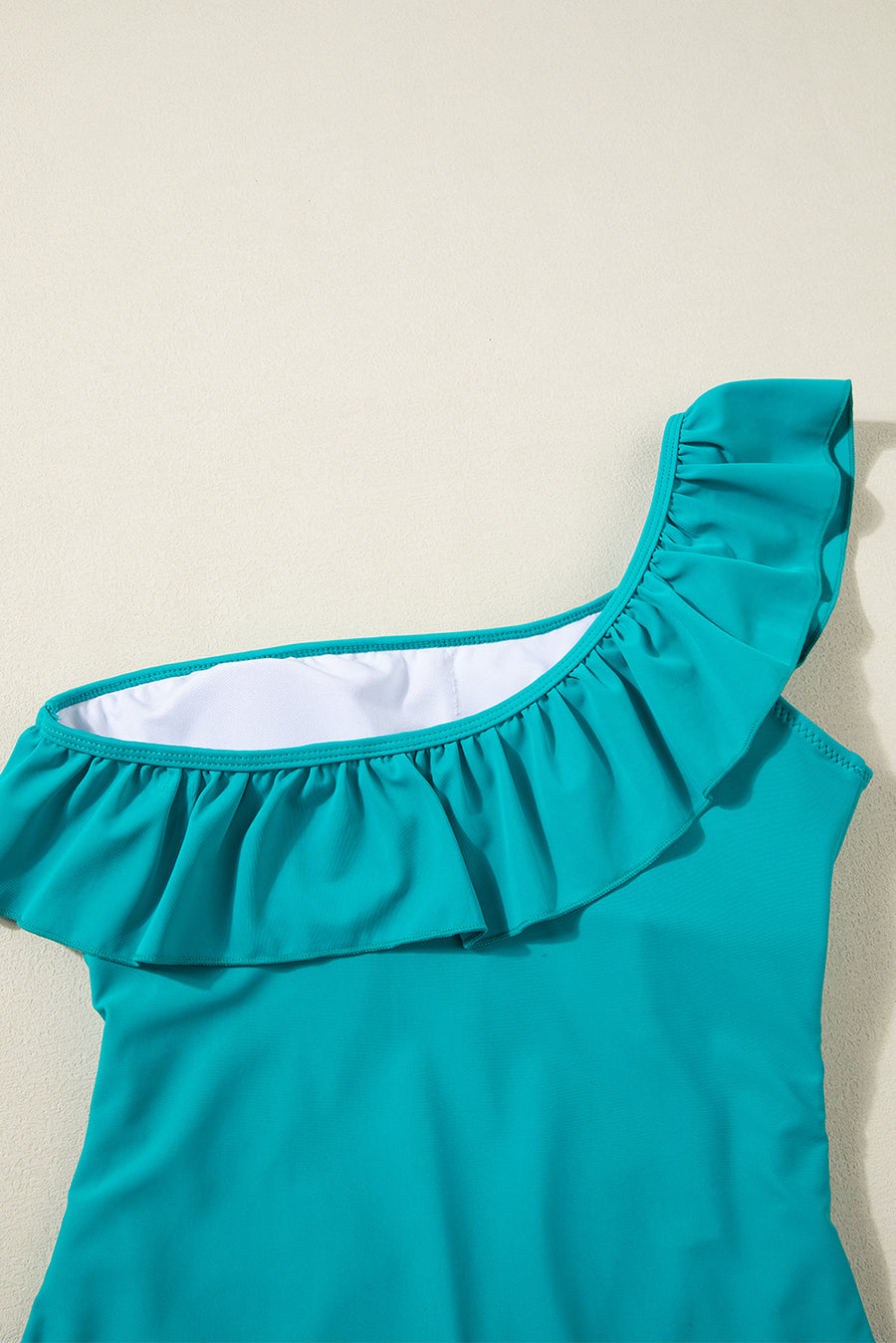 Solid Color Ruffle Trim One-Shoulder One-Piece Swimsuit- 3 Colors