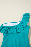 Solid Color Ruffle Trim One-Shoulder One-Piece Swimsuit- 3 Colors