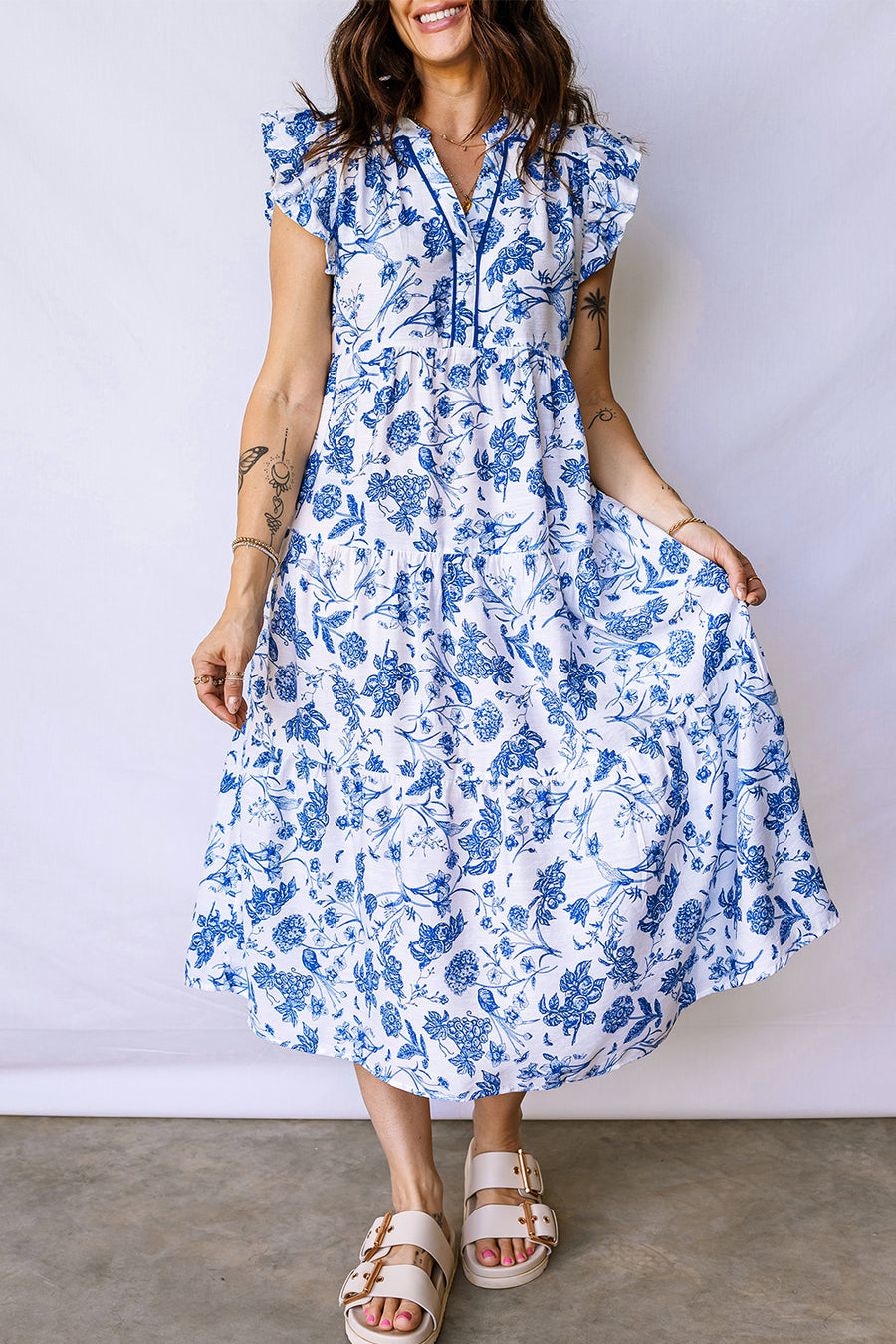 Blue Floral Ruffled Short Sleeve Tiered Midi Dress