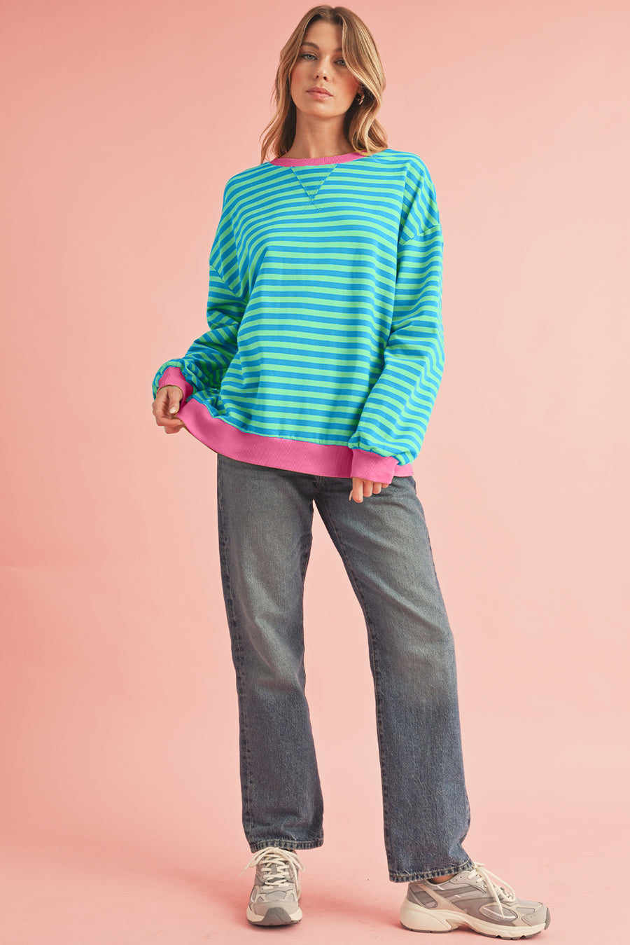 Striped Contrast Trim Oversized Sweatshirt- 4 Colors