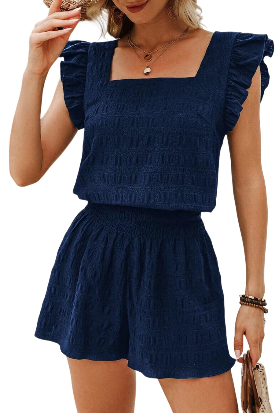 Textured Ruffle Blouse and Shirred High-Waist Shorts Set- 5 Colors