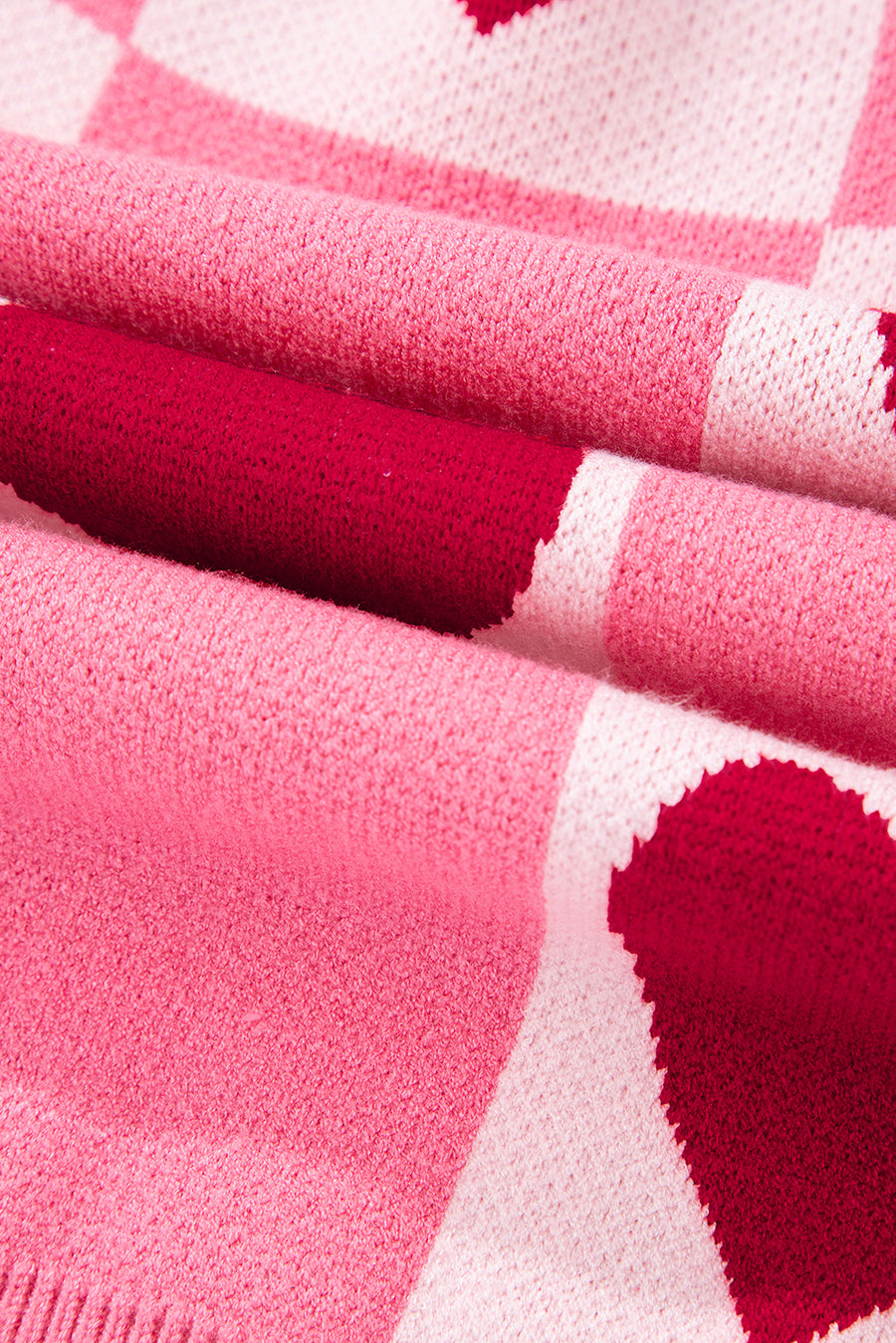Pink Heart & Checkered Pattern Drop Shoulder Crew Neck Knit Sweater