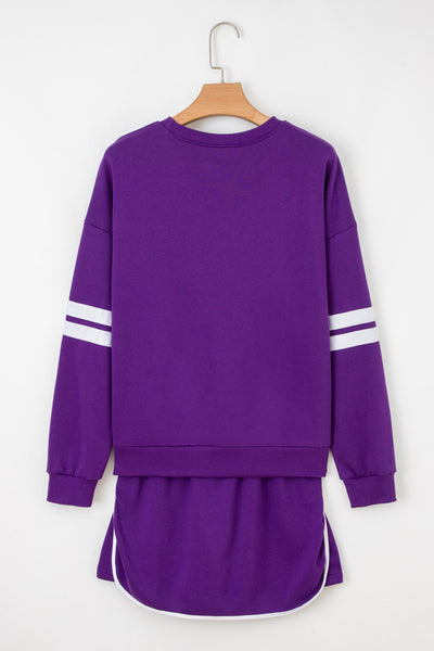 Tillandsia Purple Varsity Stripe Detail Drop Shoulder Pullover Mini Skort Set