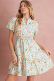 Orange Floral Print Smocked High Waist Puff Sleeve Mini Dress