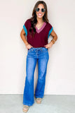 Burgundy Contrast Trim V-Neck Short Sleeve Loose Sweater