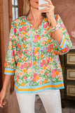 Green Floral Striped Trim Lantern Sleeve Tie Neck Blouse