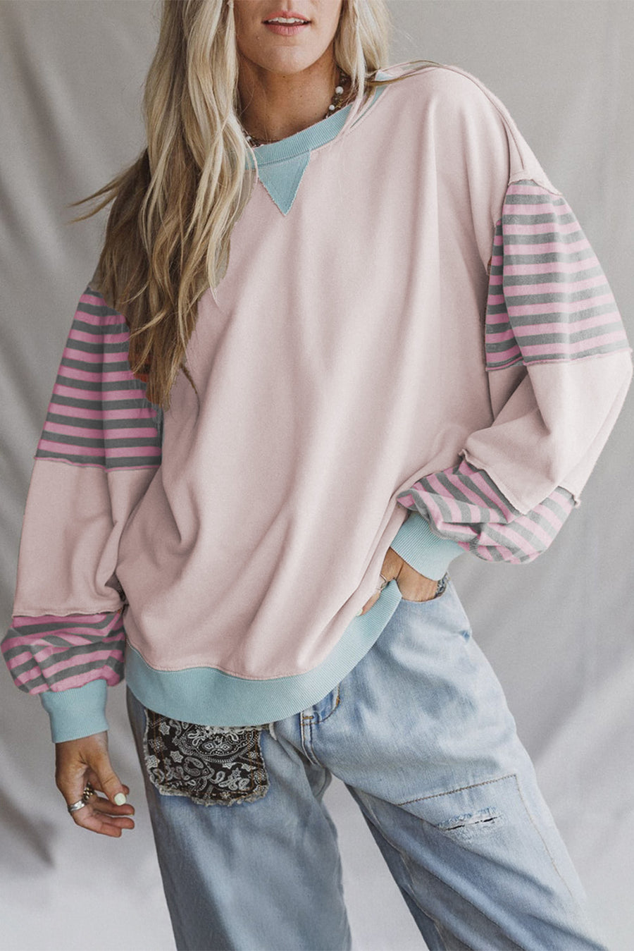 Color Block Patchwork Striped Sleeve Sweatshirt- 3 Colors