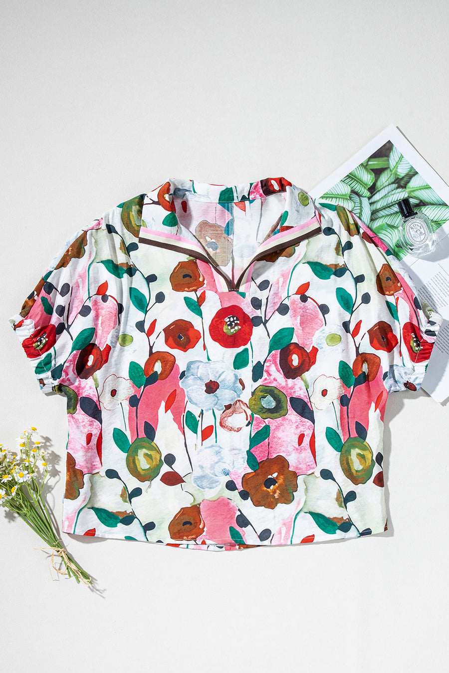Floral V-Neck Contrast Trim Short Sleeve Blouse- 2 Colors