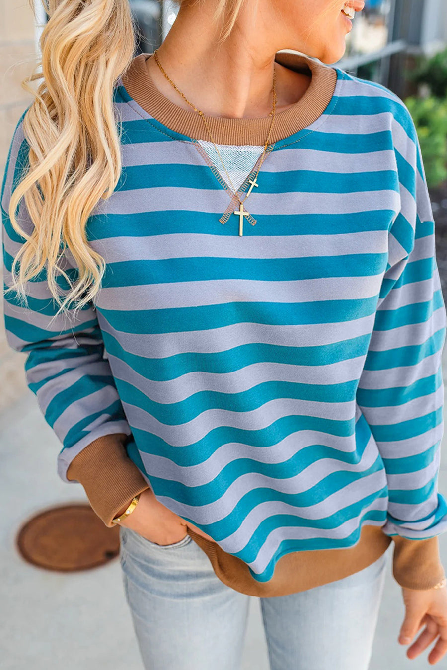 Teal Striped Contrast Color Ribbed Trim Crew Neck Drop Shoulder Sweatshirt